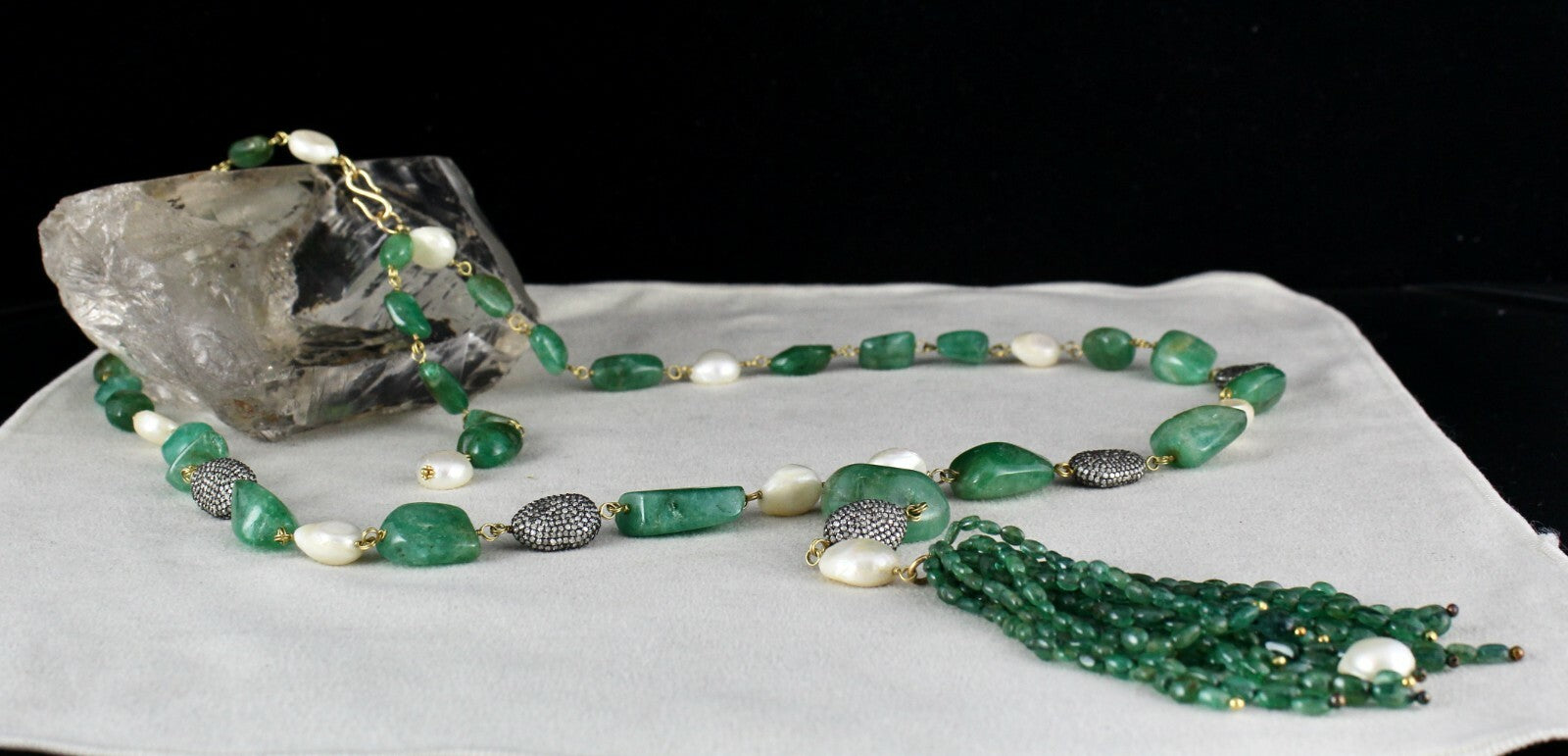 Certified Natural Emerald Beads 10ct Diamond Pearl 18k Gold Necklace Set