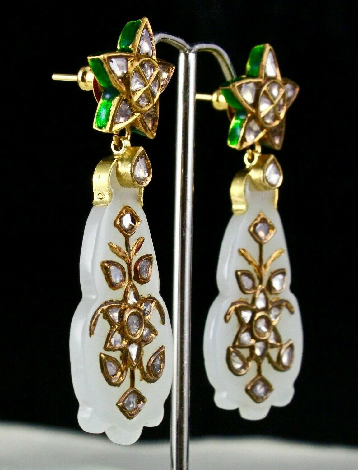 ANTIQUE OLD REAL NEPHRITE JADE FLAT DIAMOND 18K GOLD JADAU STATEMENT EARRING