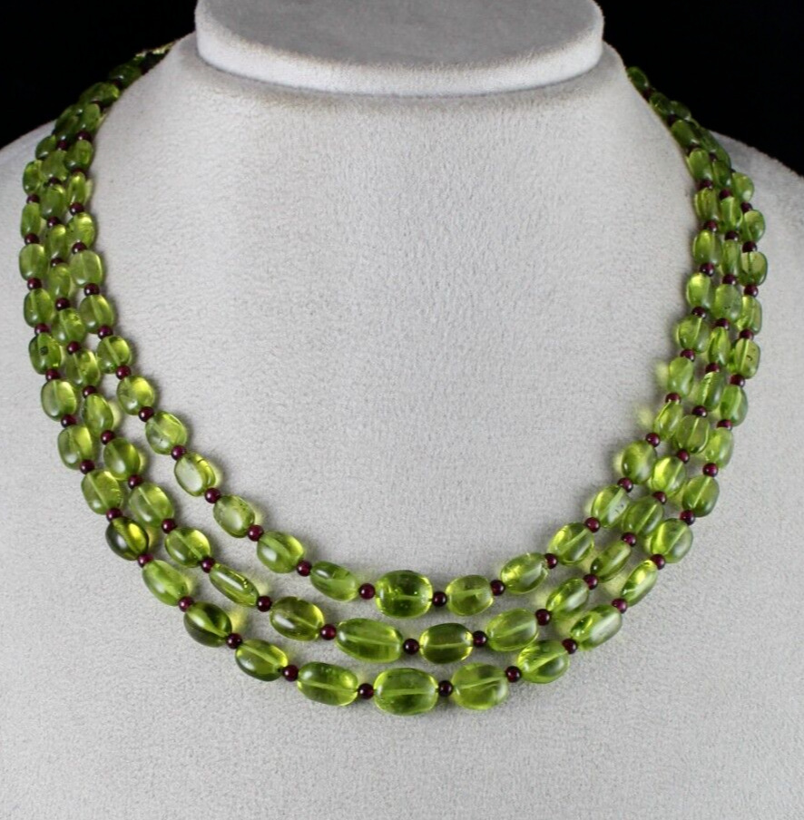 Natural Peridot Garnet Beaded Cabochon 3 Line 345 Cts Gemstone Fine Necklace