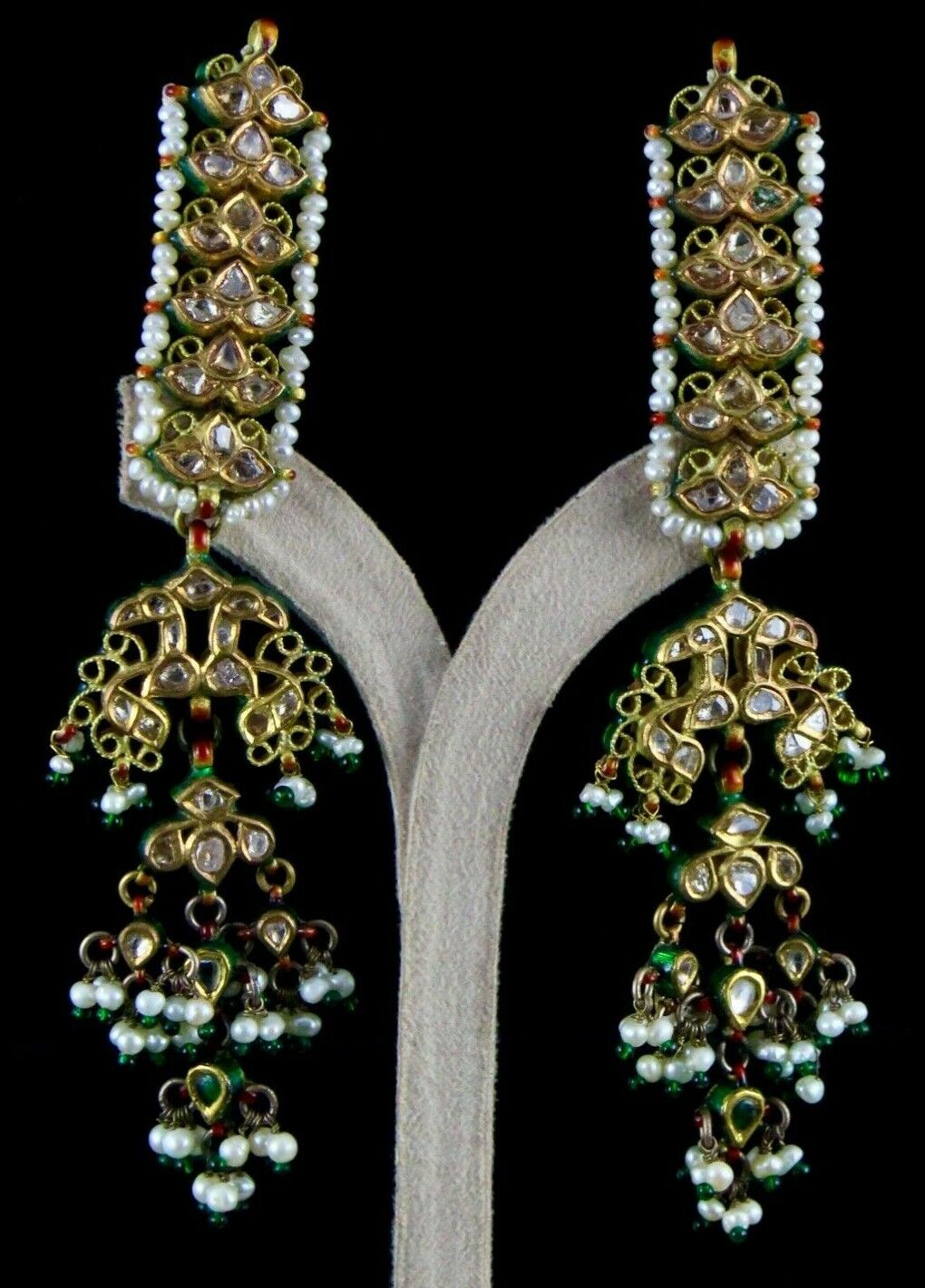 Antique Diamond Pearl 22K Gold Jadau Kundan Meena Ladies Peacock Dangle Earring