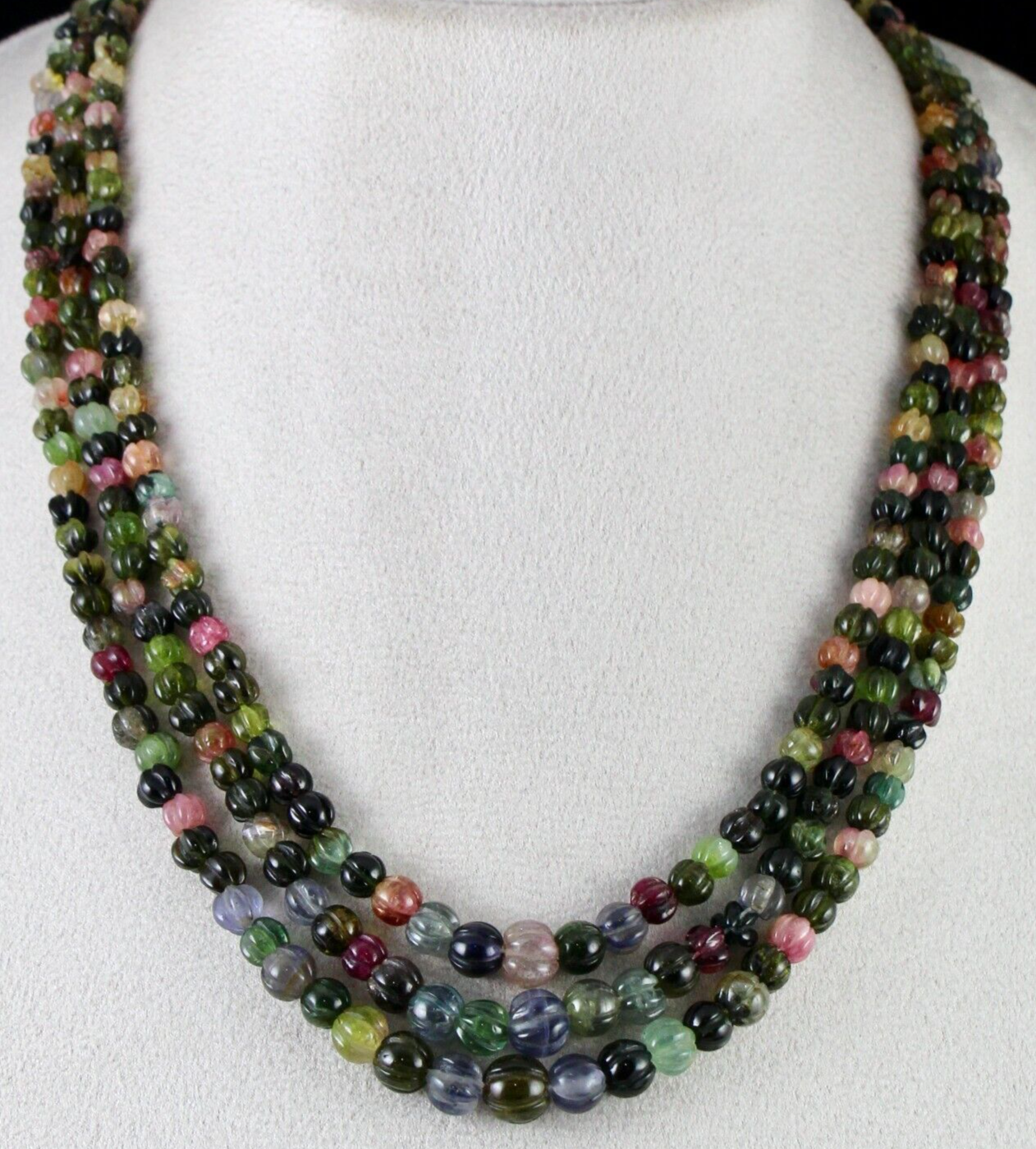 NATURAL MULTI TOURMALINE BEADS CARVED MELON 3 LINE 390 CARATS GEMSTONE NECKLACE