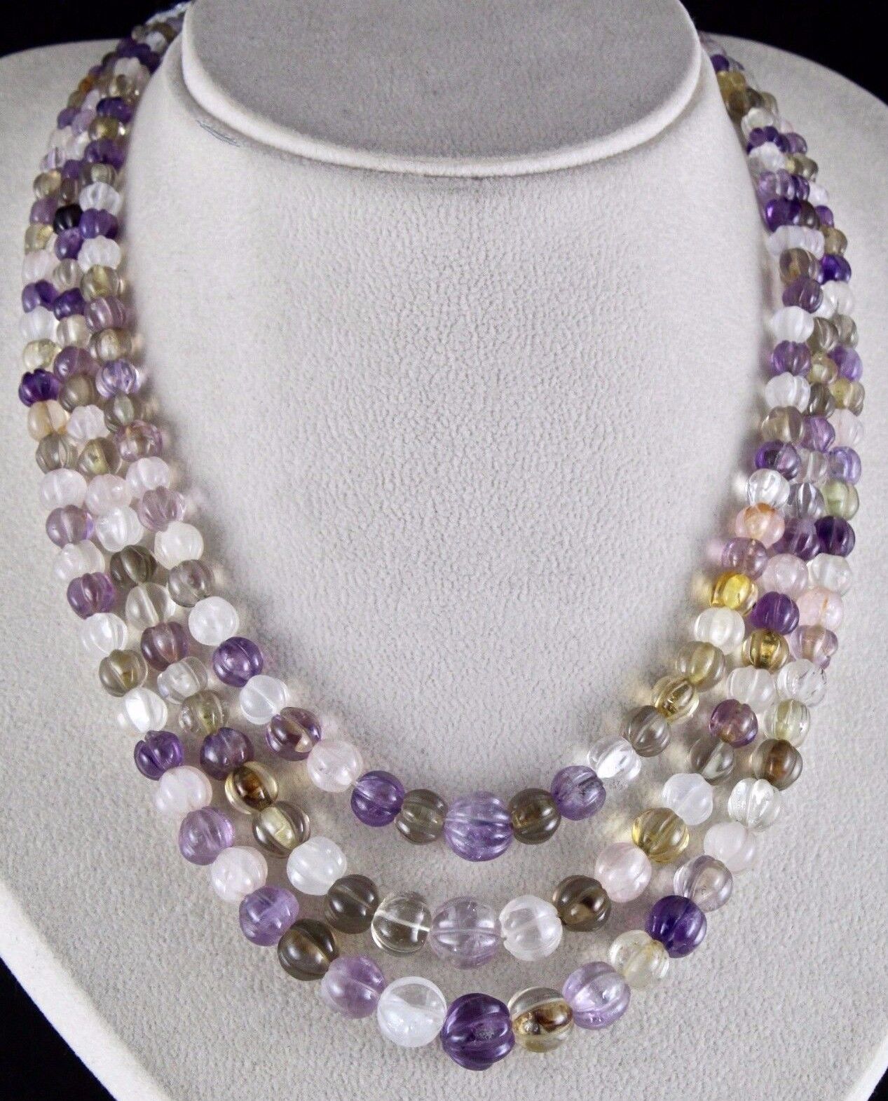 MULTI MIX CARVED SEMI-PRECIOUS BEADS 3 LINE 498 CARATS GEMSTONE FASHION NECKLACE