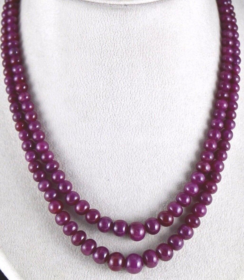 NATURAL UNTREATED RUBY BEADS ROUND GEMSTONE 2 LINE 425 CARATS LADIES NECKLACE