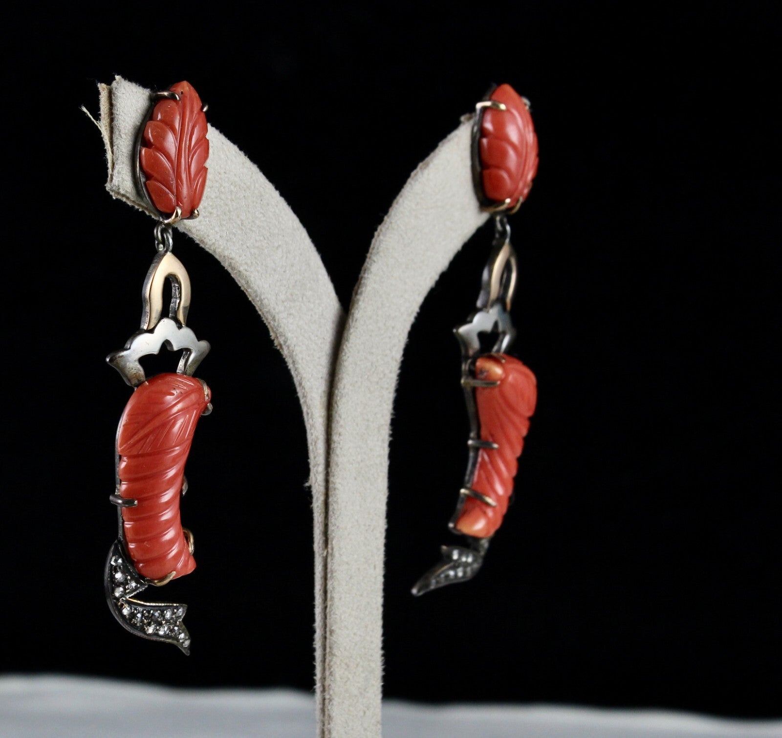 Estate Victorian Natural Red Coral 10ct Natural Diamond Sterling Silver Earrings