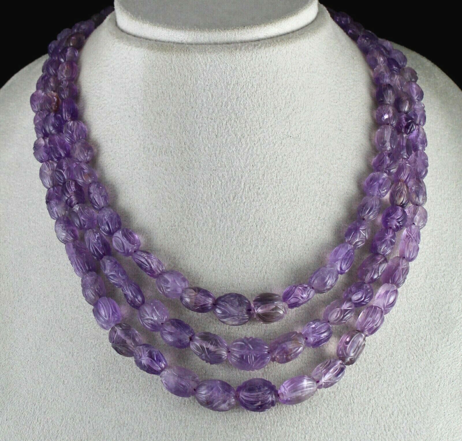 ANTIQUE NATURAL AMETHYST BEADS CARVED 3 LINE 716 CARATS GEMSTONE SILVER NECKLACE