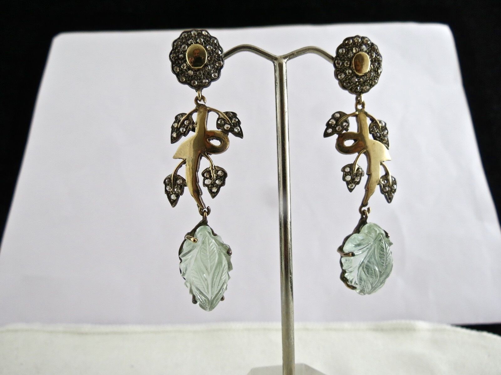 NATURAL BLUE AQUAMARINE CARVED DIAMOND 18K GOLD & 925 SILVER VICTORIAN EARRING