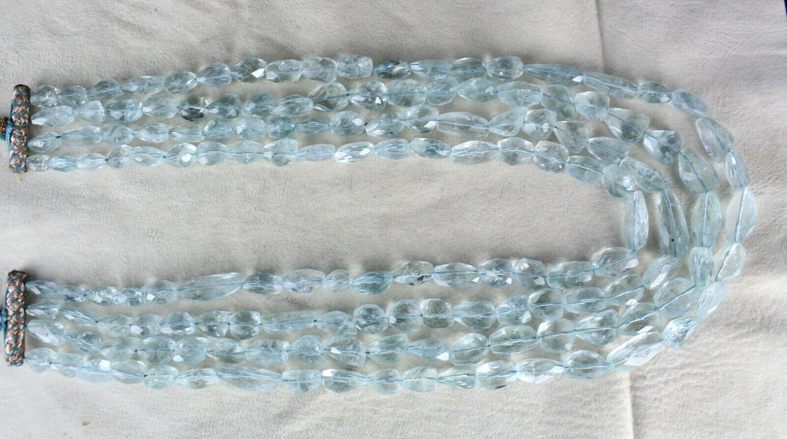 NATURAL BLUE AQUAMARINE FACETED TUMBLE  BEADS 4 LINE 1061 CARATS FINEST NECKLACE