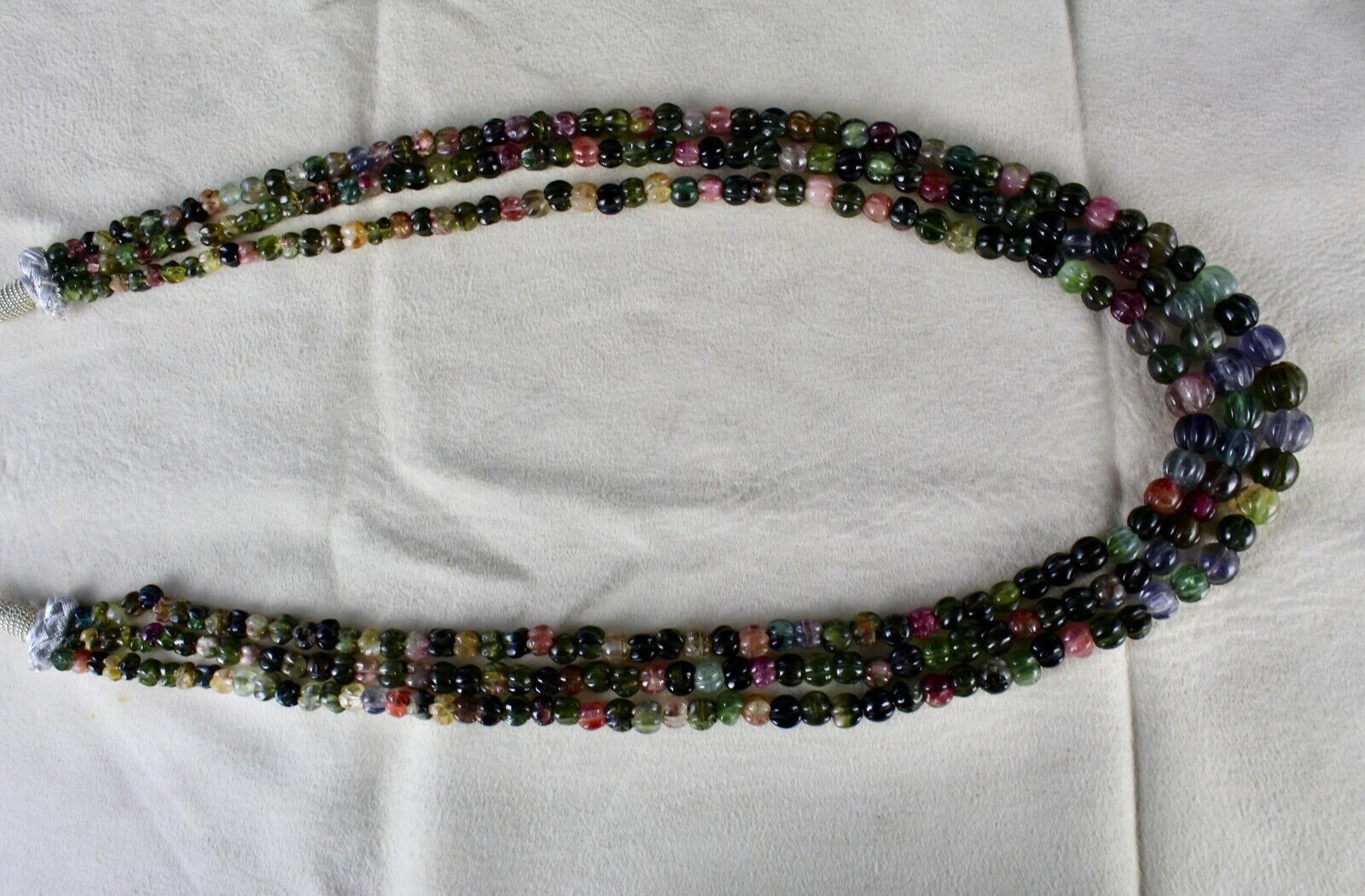 NATURAL MULTI TOURMALINE BEADS CARVED MELON 3 LINE 390 CARATS GEMSTONE NECKLACE