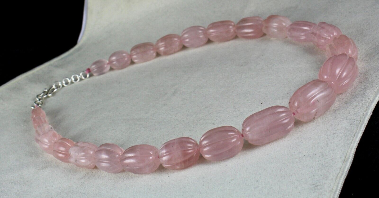 NATURAL ROSE QUARTZ MELON CARVED LONG BEADS 883 CARATS GEMSTONE SILVER NECKLACE