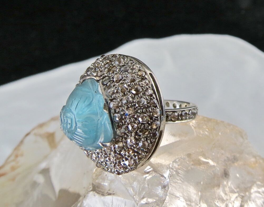 Antique Natural Blue Aquamarine Carved Diamond Gemstone Silver Victorian Ring