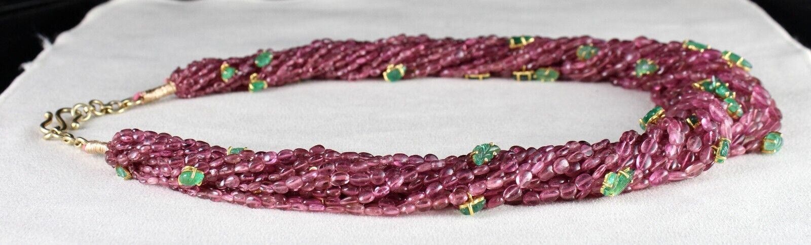 NATURAL PINK TOURMALINE BEADS EMERALD LEAVES 892 CT SILVER STATEMENT NECKLACE