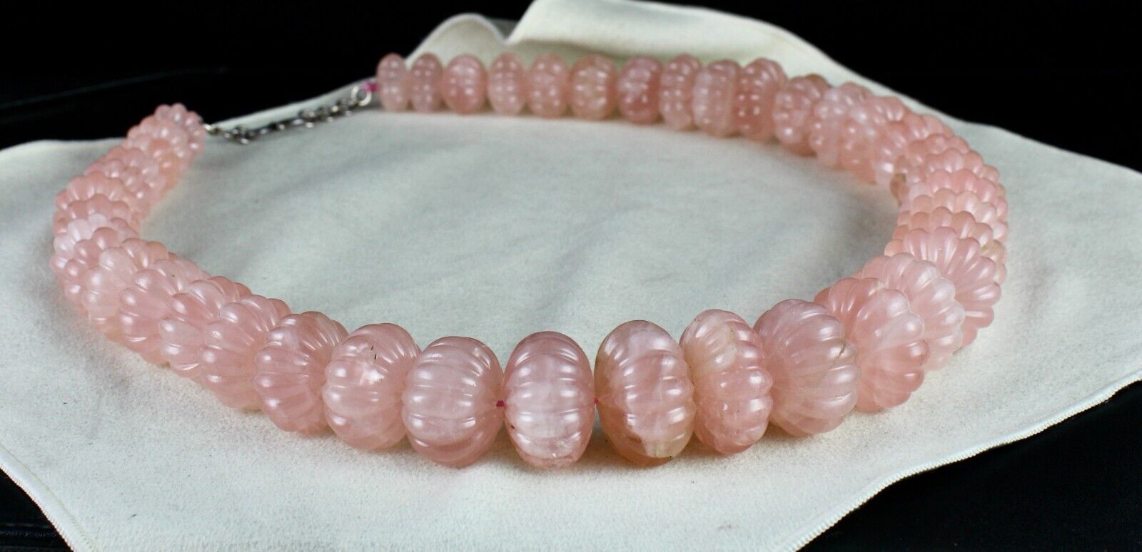 Vintage Natural Rose Quartz Melon Carved Beads 2406 Ct Gemstone Silver Necklace