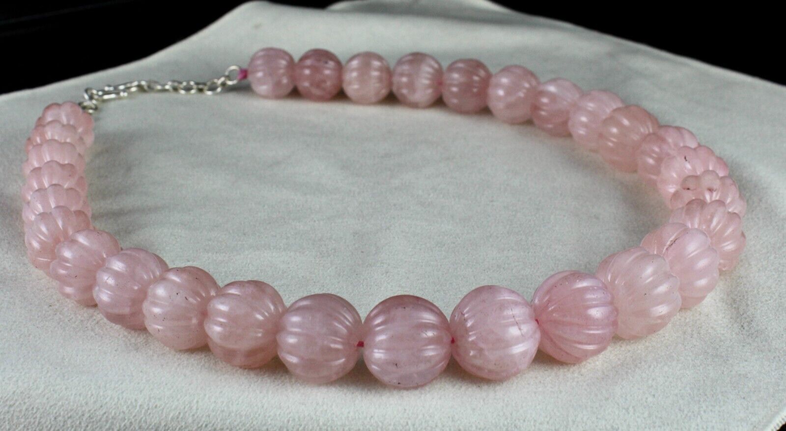 Natural Rose Quartz Melon Carved Beads 1185 Ct Pink Gemstone Silver Necklace