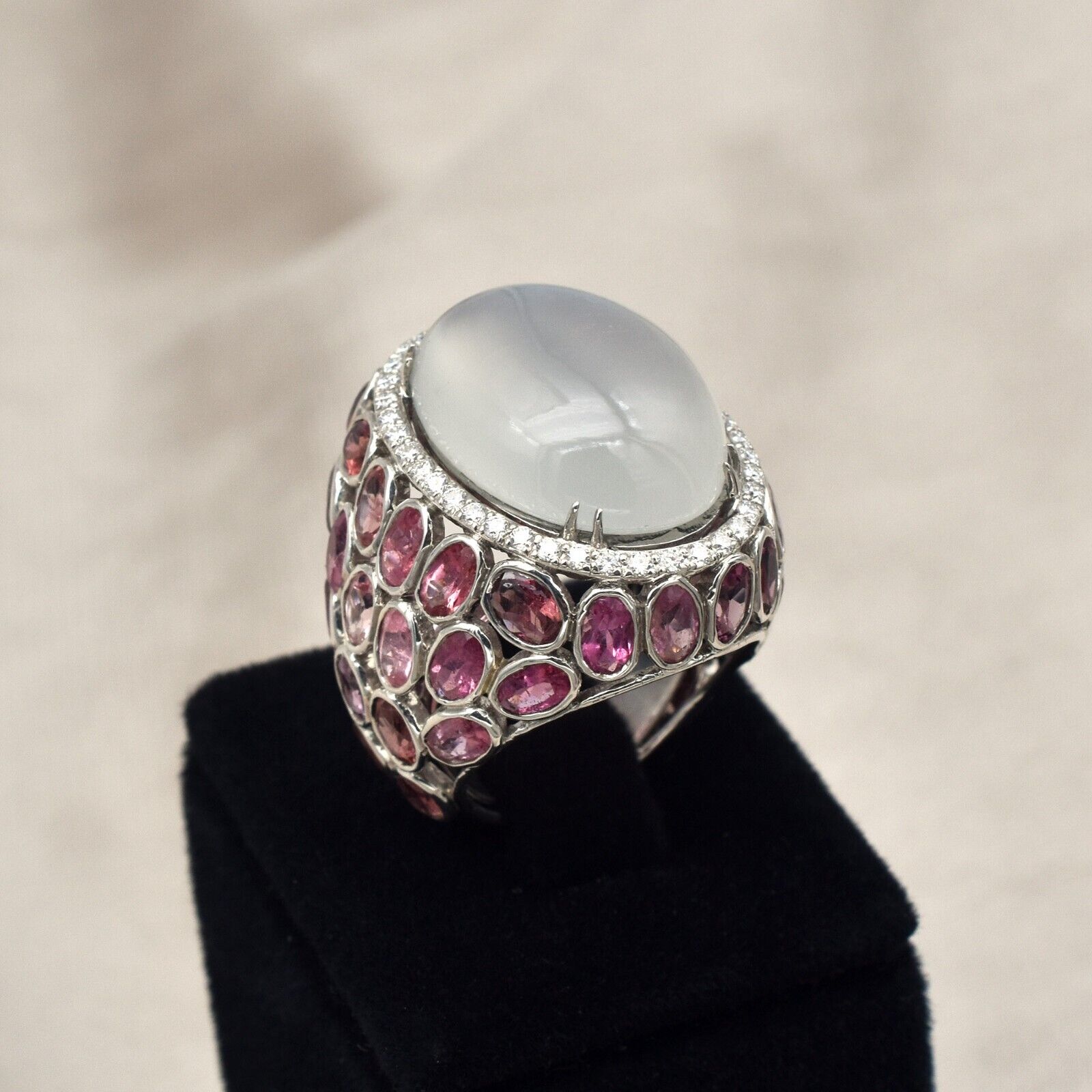 Natural Moonstone Cabochon Pink Tourmaline Moissanite 925 Silver Statement Ring