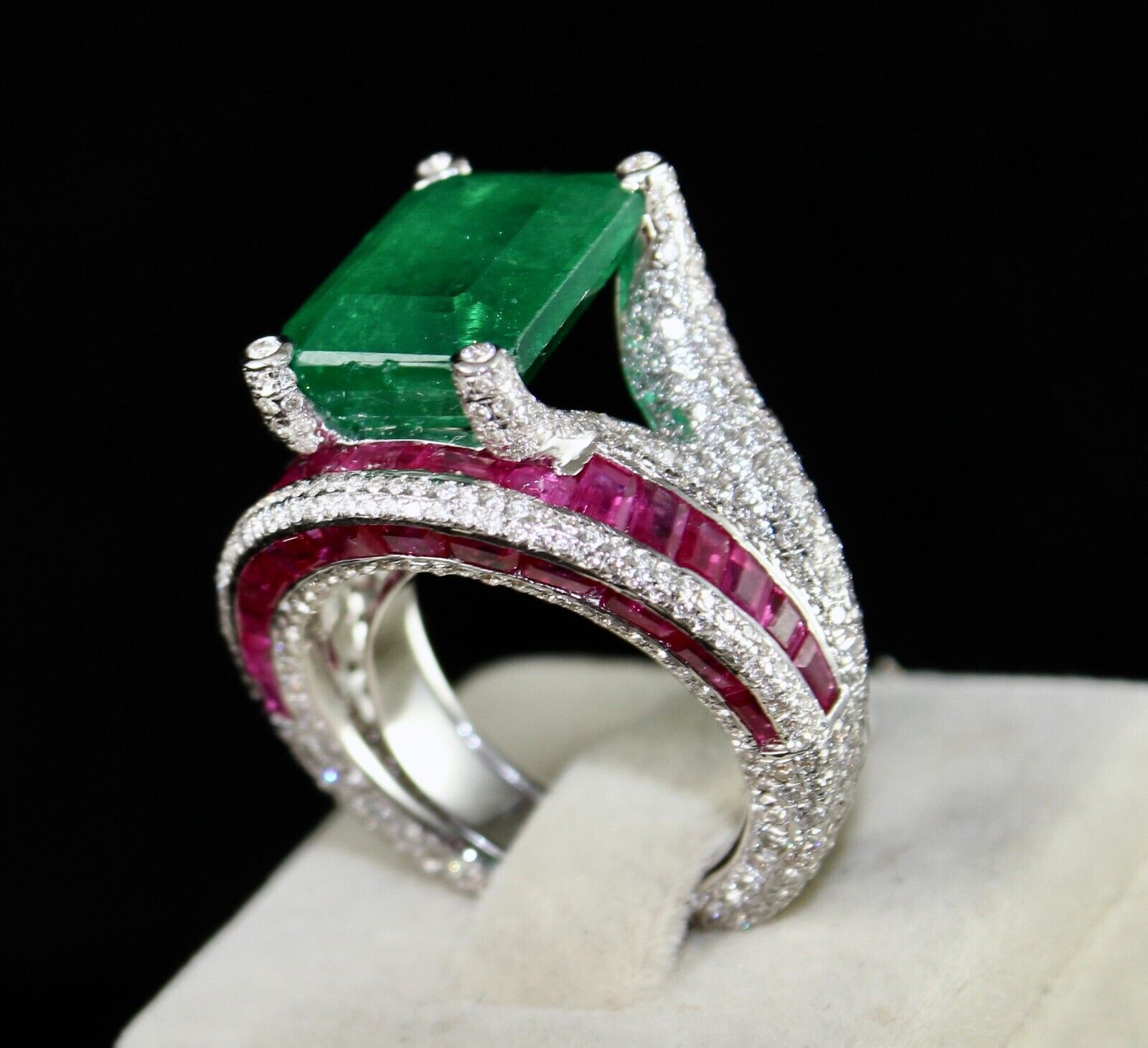 Zambia Emerald Octagon Ruby Cut Diamond Cocktail Ring, 18K Gold Statement Ring