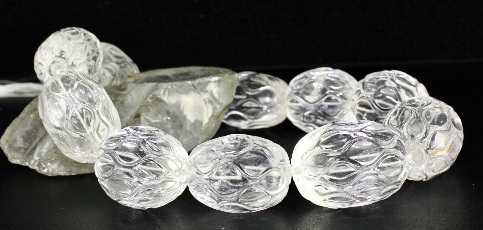 NATURAL WHITE ROCK CRYSTAL QUARTZ CARVED OVAL BEADS 11 PCS 2990 CARATS GEMSTONE