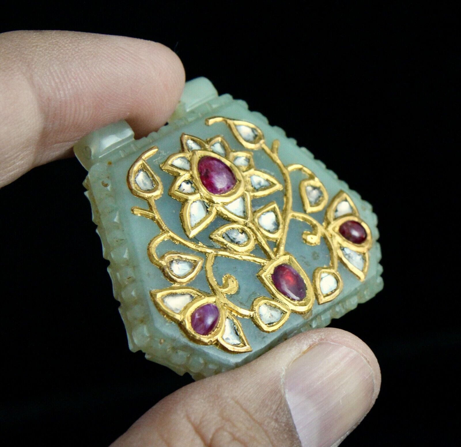 ANTIQUE OLD NATURAL NEPHRITE JADE FLAT DIAMOND RUBIES 22K GOLD TWO SIDE PENDANT