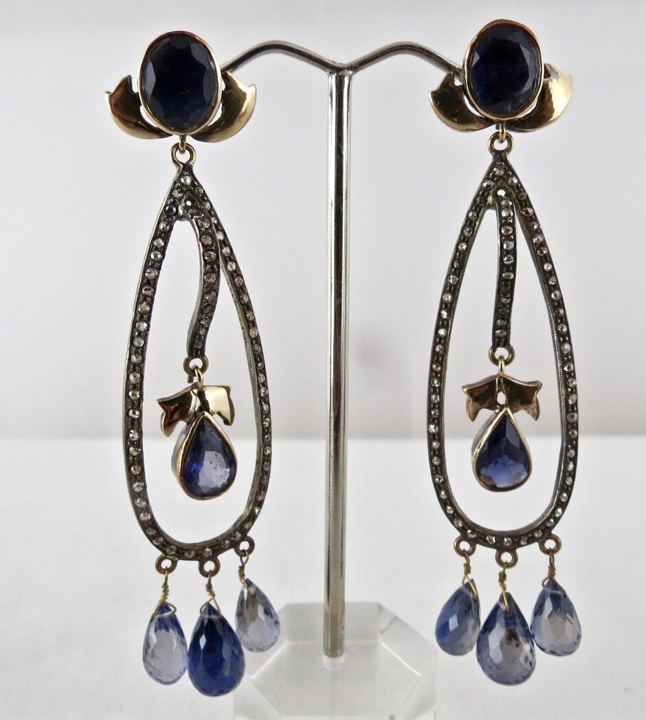 ANTIQUE NATURAL BLUE IOLITE CUT DIAMOND 18K GOLD & 925 SILVER VICTORIAN EARRING