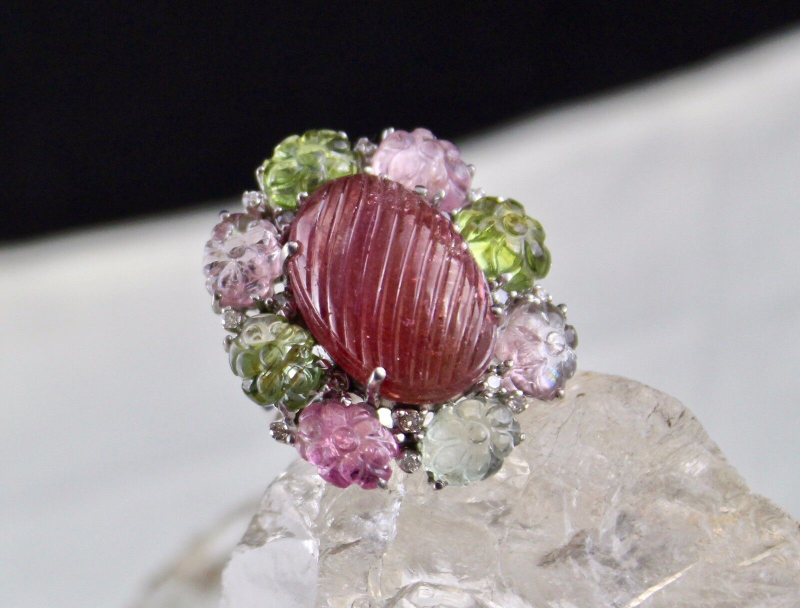 Exclusive Natural Multi Tourmaline Carved Gemstone Diamond Silver Statement Ring