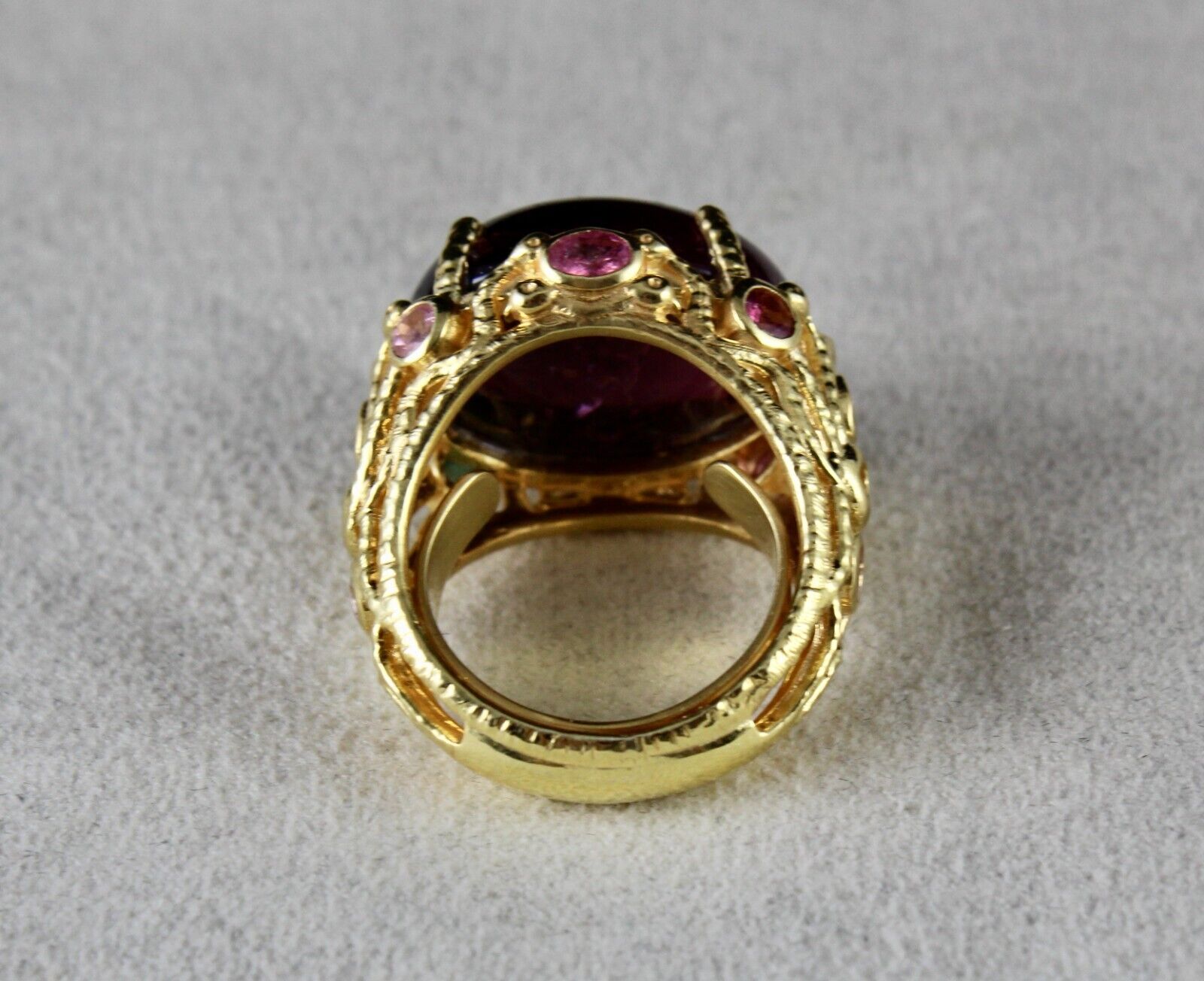 UNIQUE NATURAL PINK TOURMALINE CABOCHON CUT CARVED SILVER GOLD PLATED RING