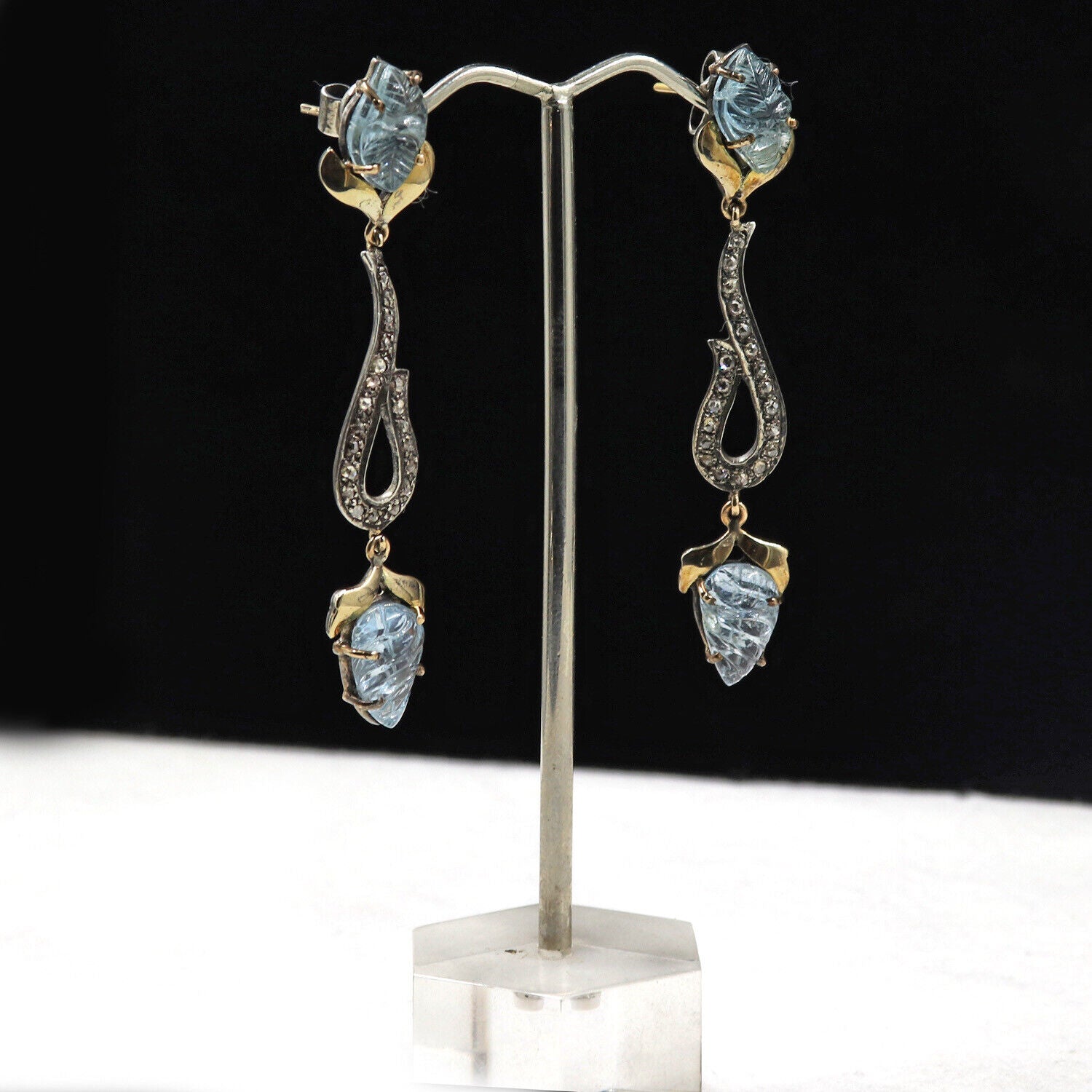 Natural Blue Aquamarine Carved Diamond 18K Gold 925 Silver Victorian Earring