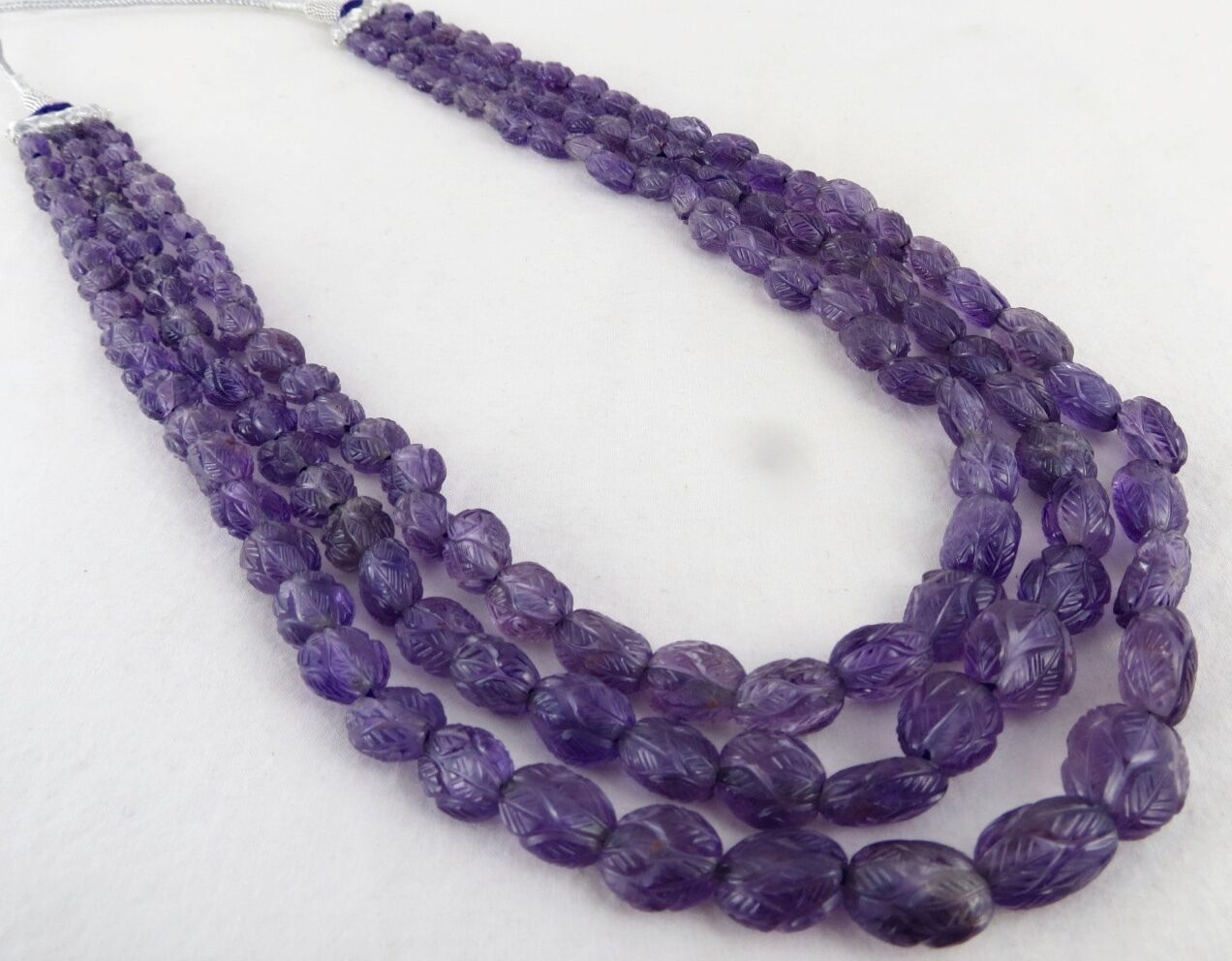 NATURAL AMETHYST BEADS CARVED CABOCHON 3 LINE 564 CARATS GEMSTONE NECKLACE 