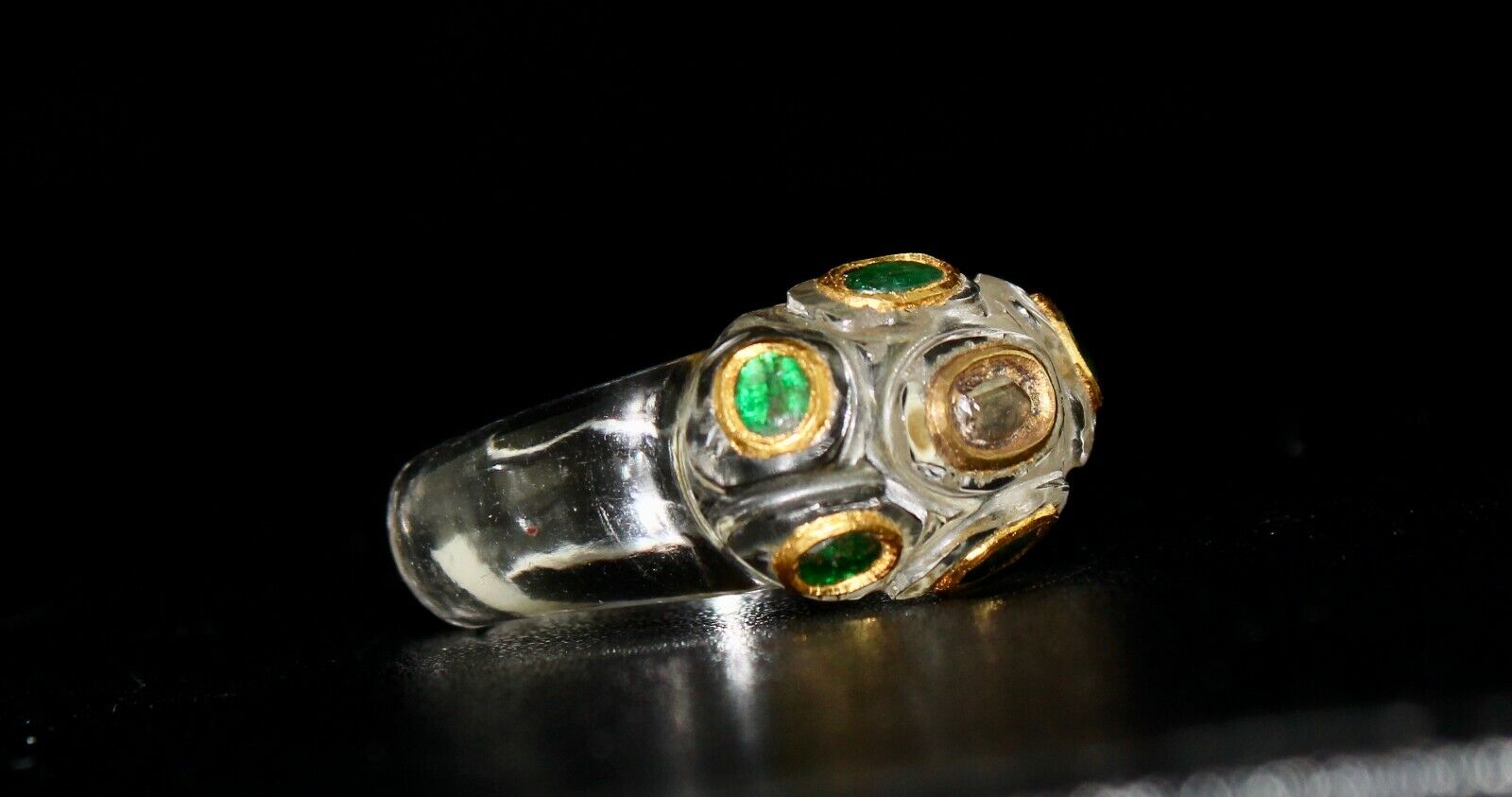 ANTIQUE NATURAL CRYSTAL QUARTZ DIAMOND EMERALD 22K GOLD ETHNIC FASHION RING