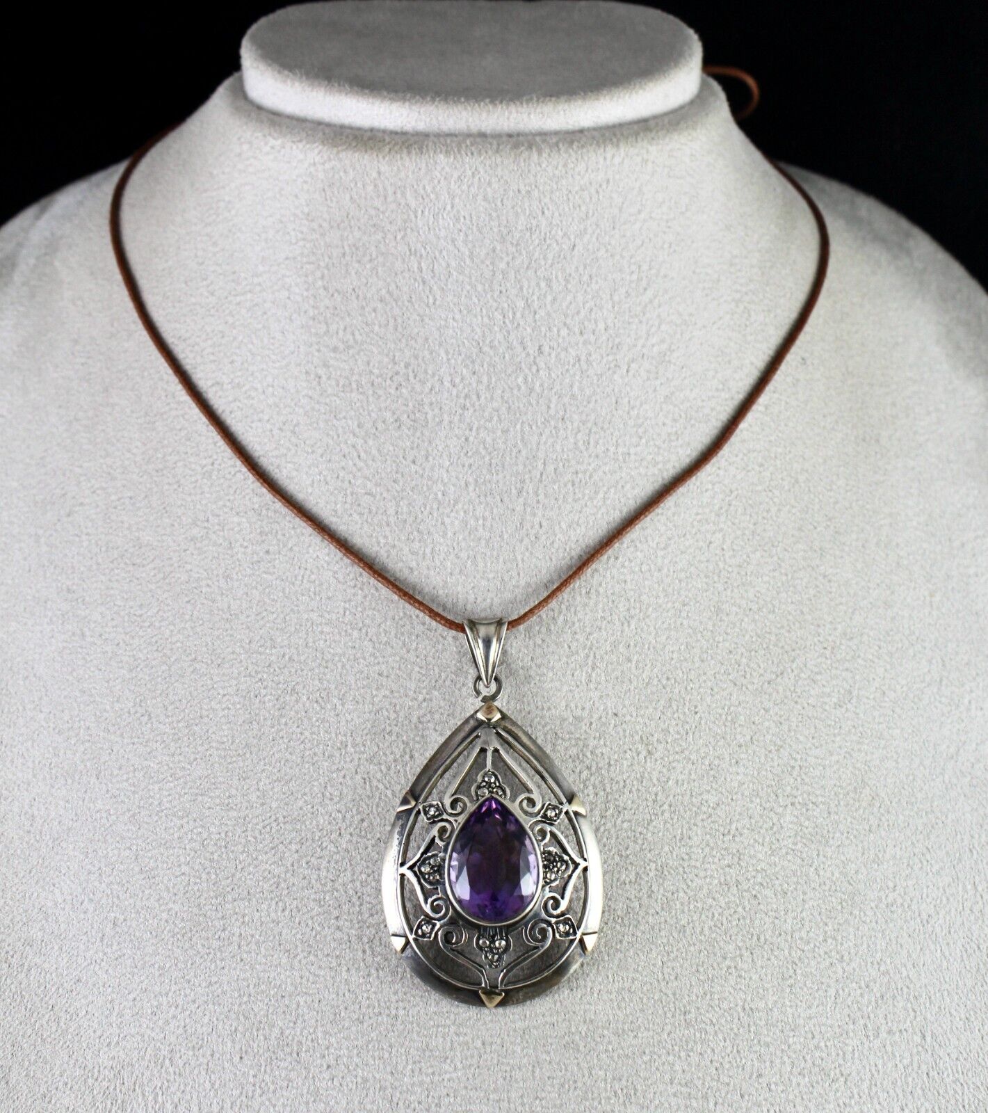 ANTIQUE NATURAL AMETHYST CUT DIAMOND VICTORIAN PENDANT IN 925 SILVER & GOLD