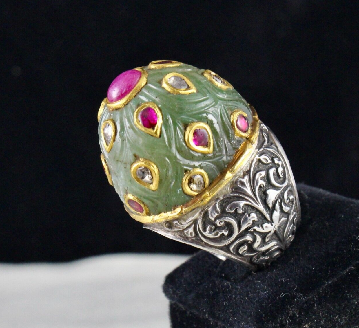 Antique Colombian Emerald 10ct Natural Diamond Ruby Sterling Silver Ring