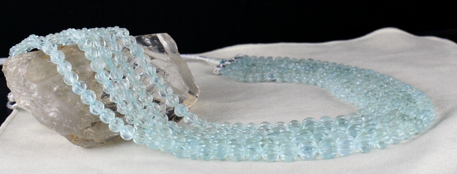 NATURAL AQUAMARINE BEADS CARVED 5 LINE 873 CARATS LADIES GEMSTONE MELON NECKLACE