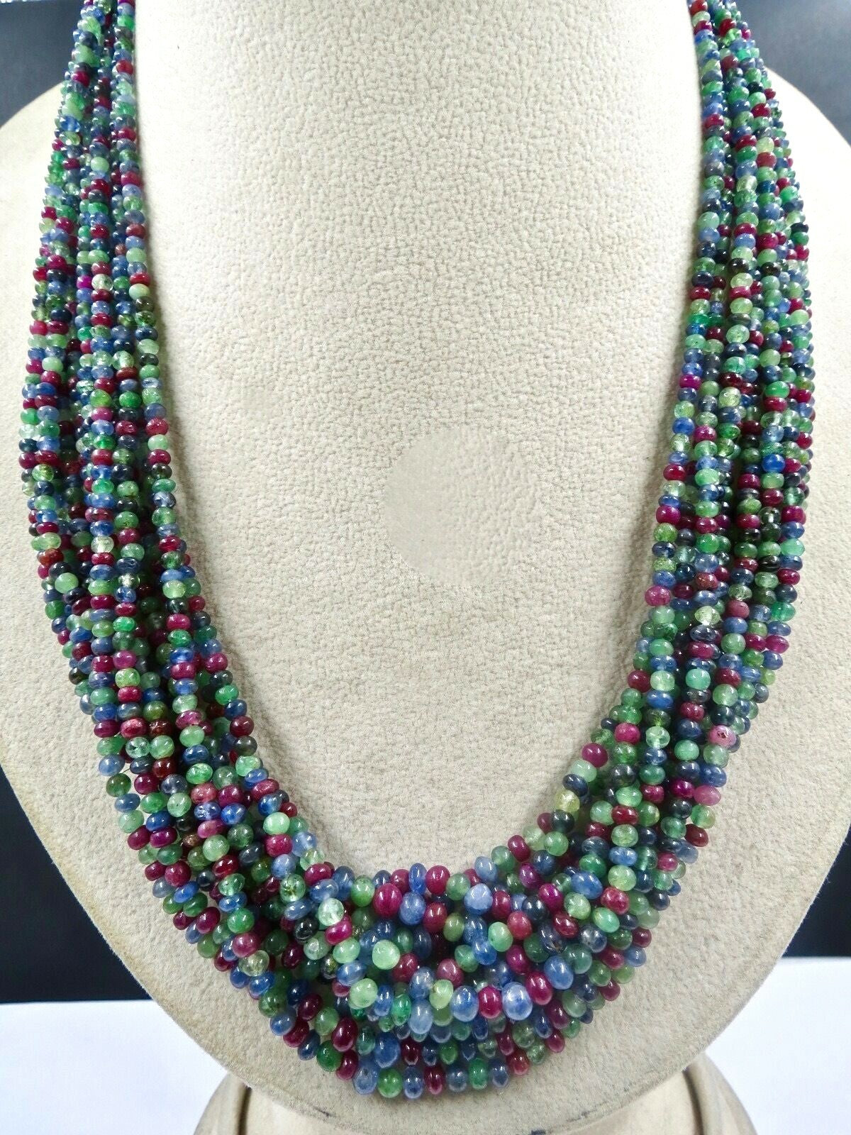 Certified Natural Emerald Ruby Sapphire Beads Necklace Multi Round 604ct 12l