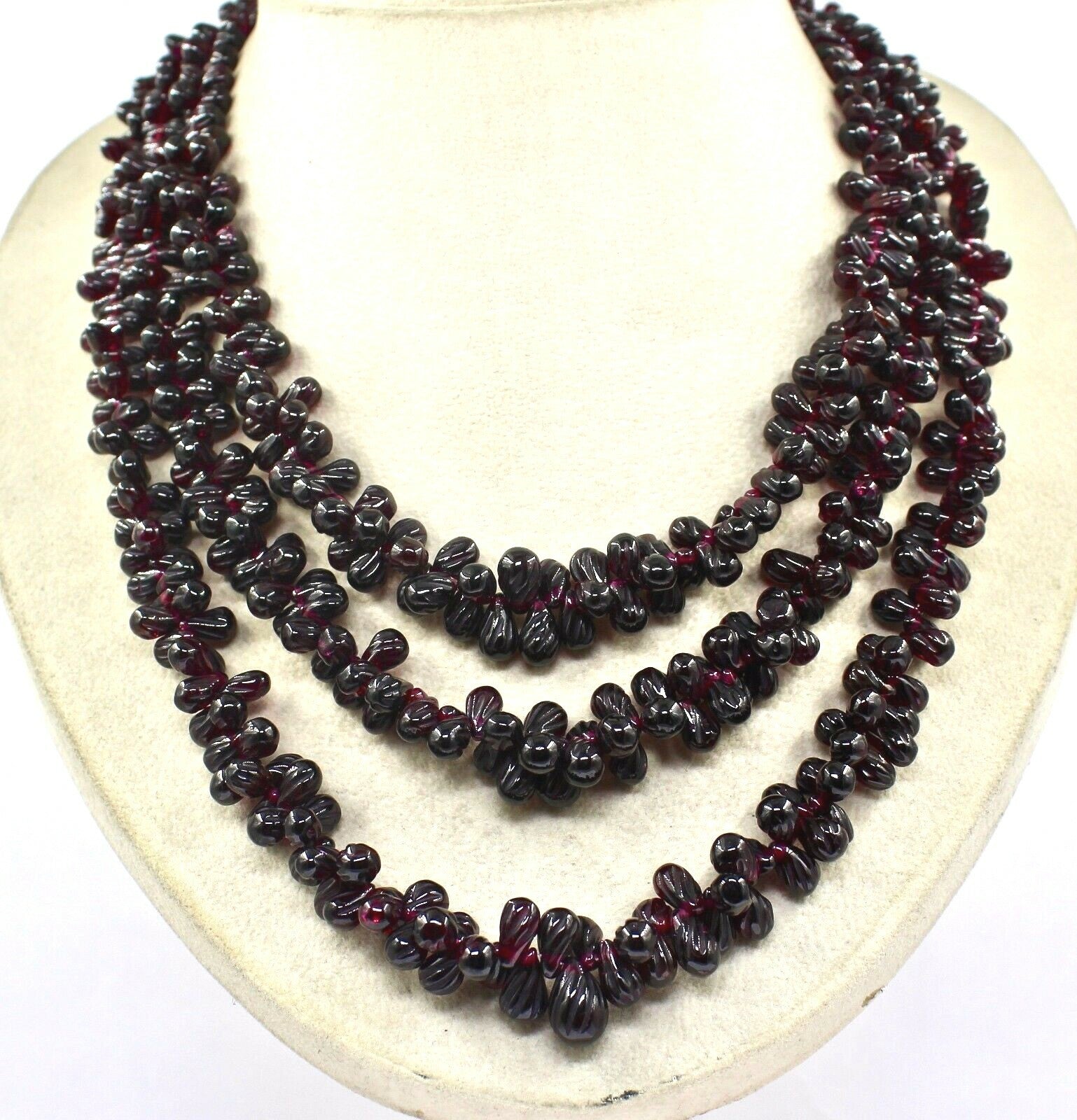 Natural Red Garnet Beads 1220 Ct Carved Drops 3 Line Gemstone Necklace