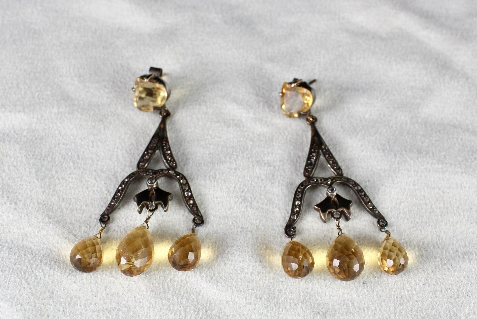 Certified Natural Citrine 10ct Drops Diamond Sterling Silver Victorian Earrings
