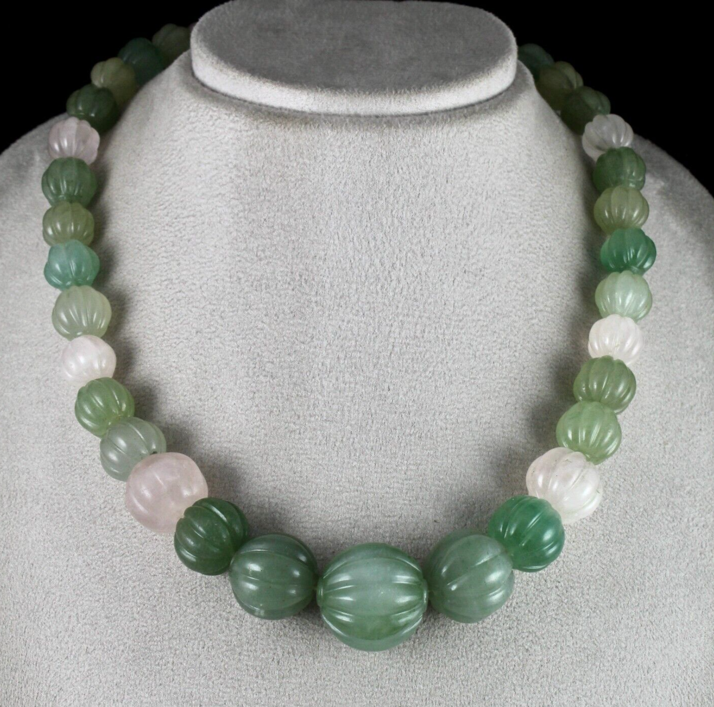 Natural Aventurine Jade Rose Quartz 854 Ct Silver Carved Bead Necklace
