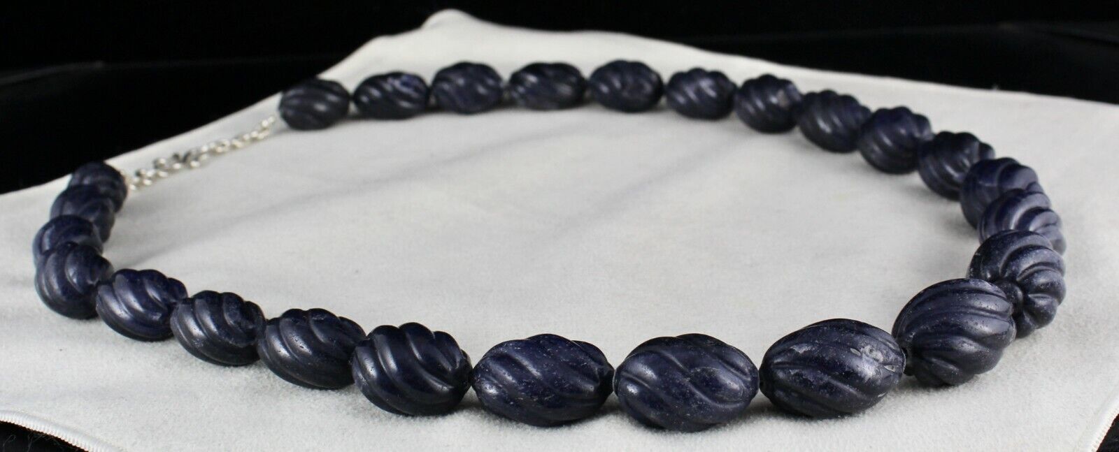 Blue Jade Carved Beaded Necklace 1 Line 1301 Carats Natural Stone Silver Clasp