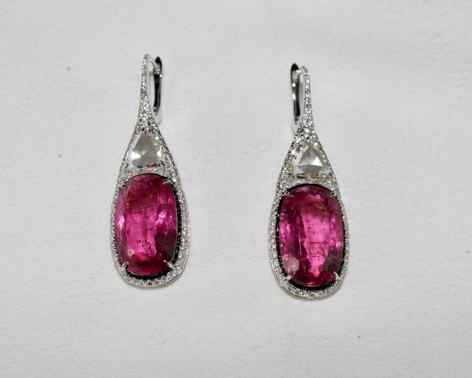 Natural Rubellite Pink Tourmaline Cushion Rosecut Diamond 18K Gold Fine Earring