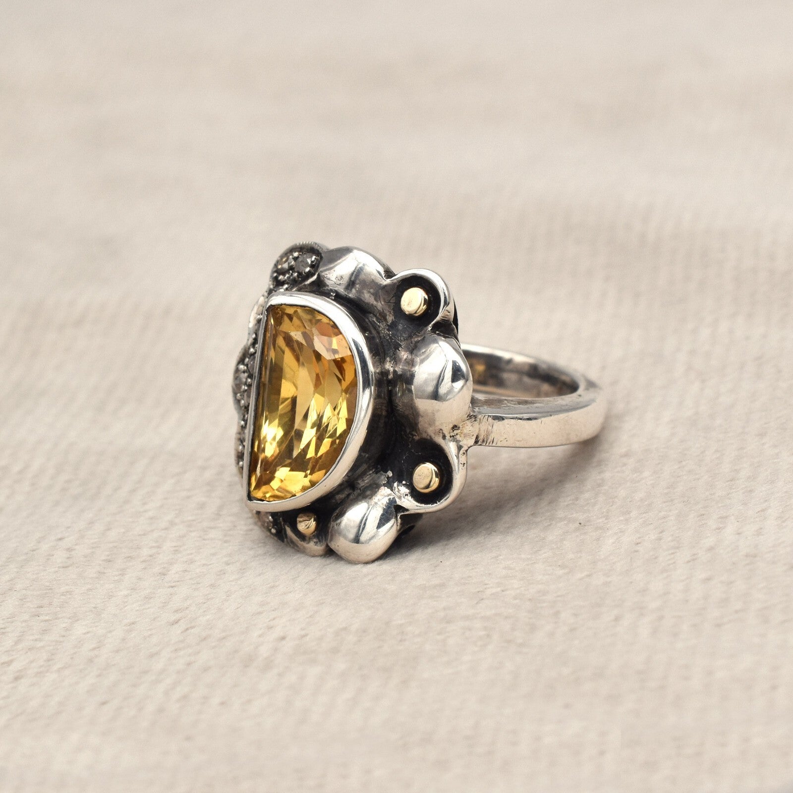 Vintage Natural Yellow Citrine 10ct Diamond 18k Gold Sterling Silver Ring