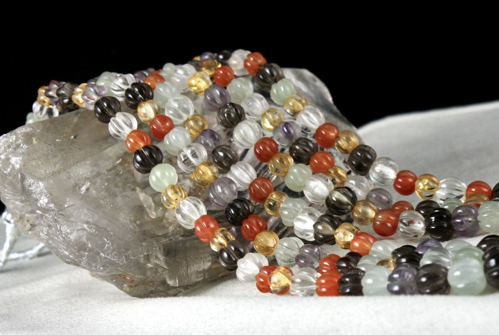 Classic Multi Natural Semi Precious 588 Ct Carved Melon Beaded Necklace 3 Line