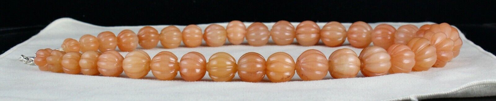 Natural Orange Quartz Carved Melon Beaded Necklace 1072 Carat Stone Silver Clasp