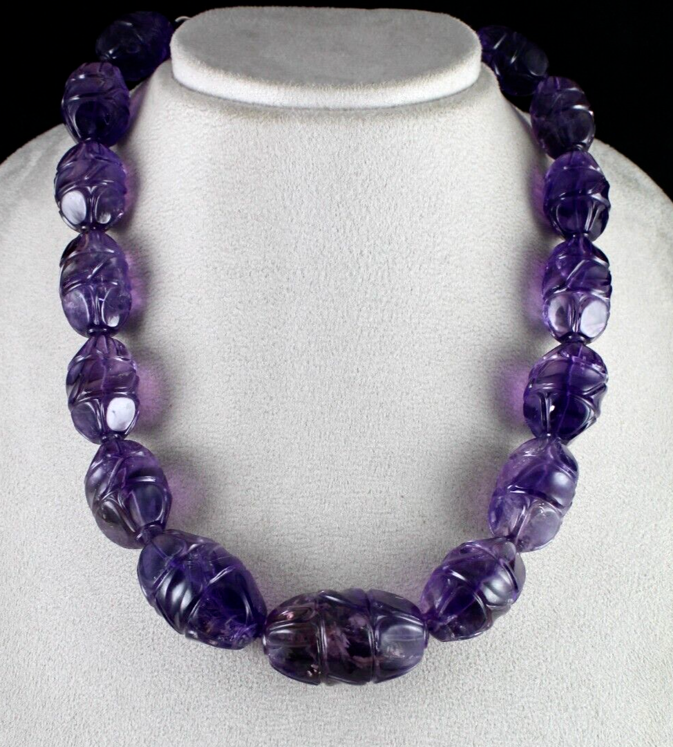 Vintage Natural Amethyst Beads Carved Long 1228 Ct Purple Stone Silver Necklace