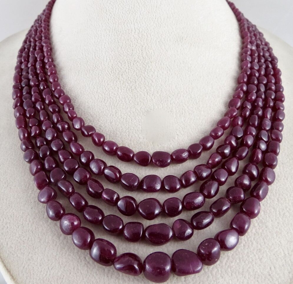 NATURAL RUBY BEADS LONG 5 LINE 540 CARATS PRECIOUS GEMSTONE NECKLACE FOR LADIES