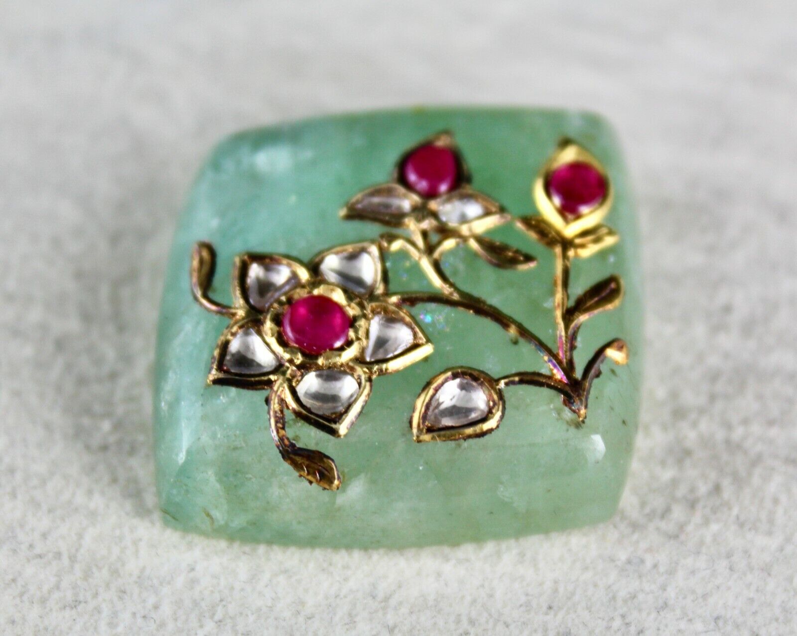 FINEST MUGHAL COLOMBIAN EMERALD CABOCHON GEMSTONE RUBY & DIAMOND IN 22K GOLD