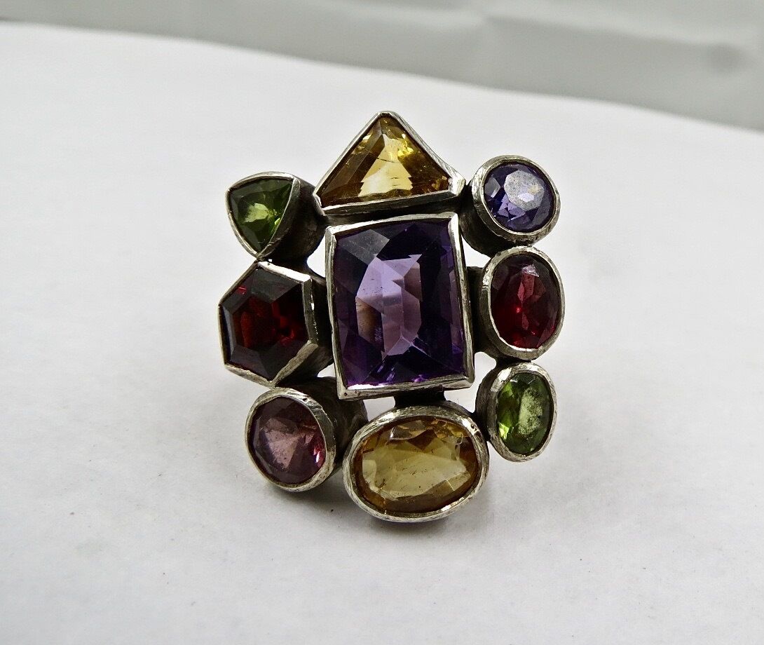 Multi Colour Amethyst Citrine Garnet Peridot Iolite Fancy Silver Cocktail Ring