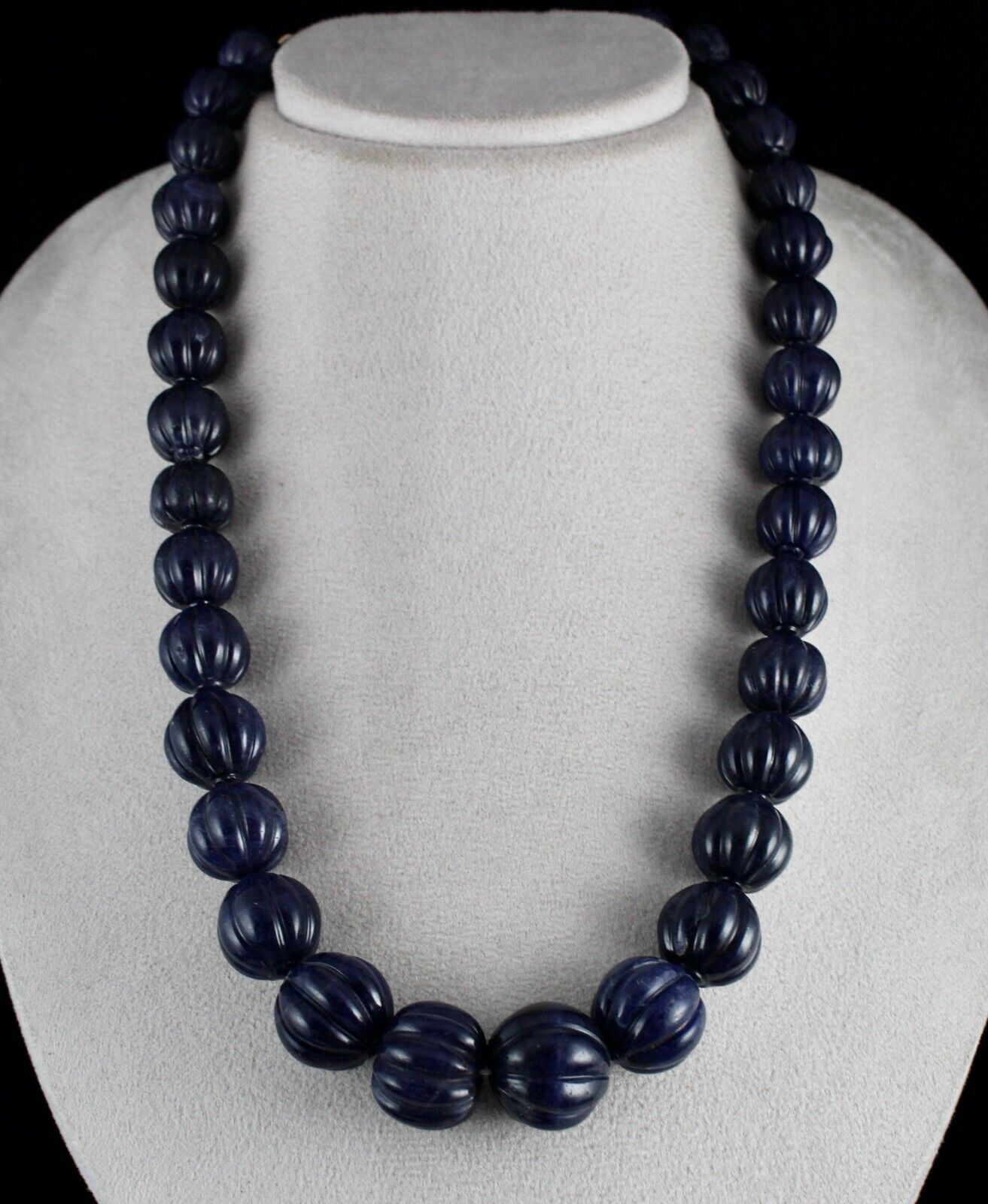 NATURAL BLUE JADE BEADS CARVED ROUND GEMSTONE 1 LINE 1001 CARATS SILVER NECKLACE