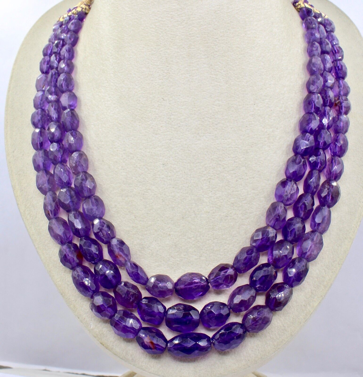 NATURAL AMETHYST BEADS FACETED OVAL CABOCHON 3 LINE 712 CTS GEMSTONE NECKLACE