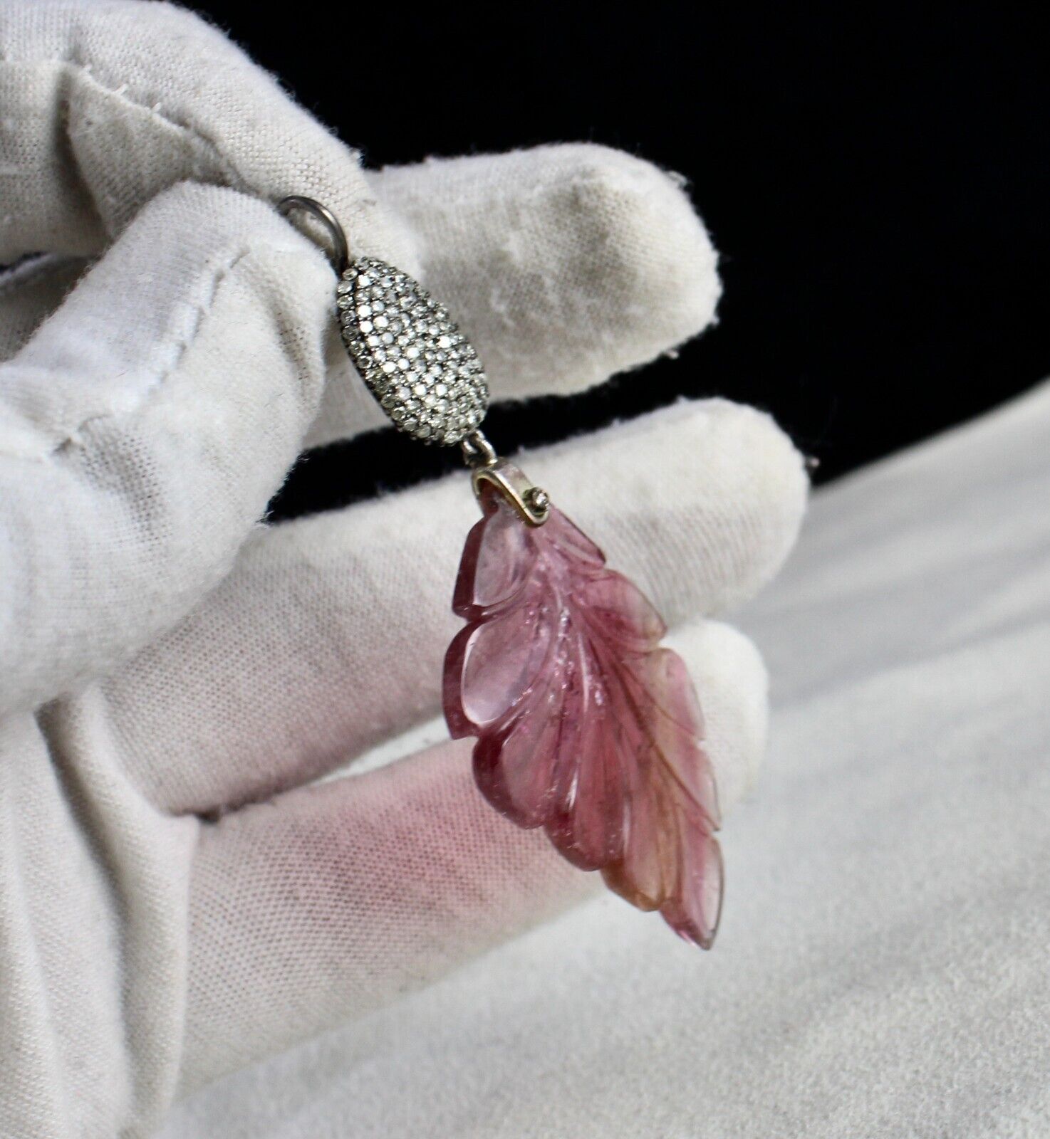 FINE NATURAL MULTI COLOUR PINK TOURMALINE LEAF DIAMOND VICTORIAN SILVER PENDANT