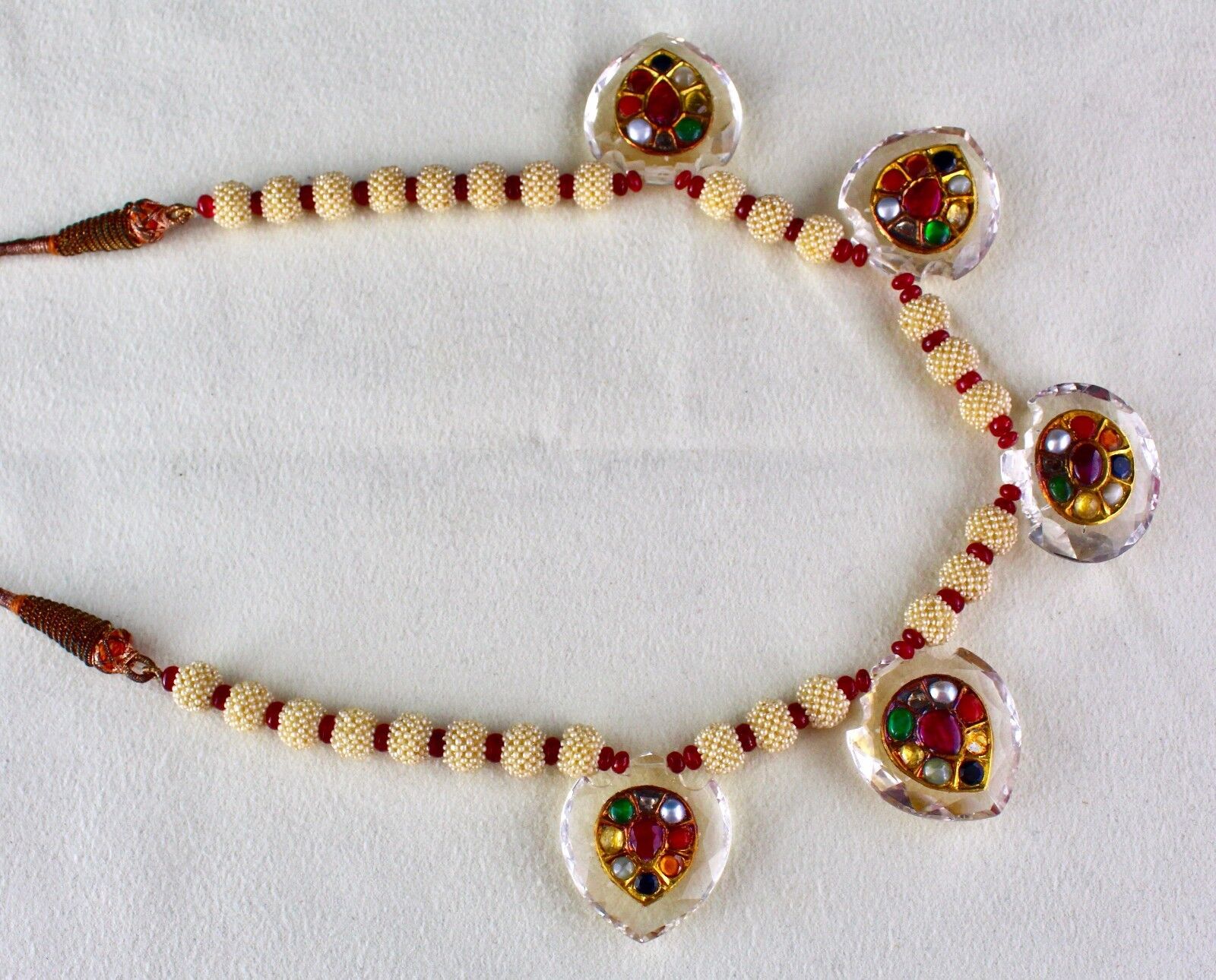 NATURAL ROCK CRYSTAL NAVRATAN 22K GOLD JADAU PEARL SPINEL BEADS NECKLACE