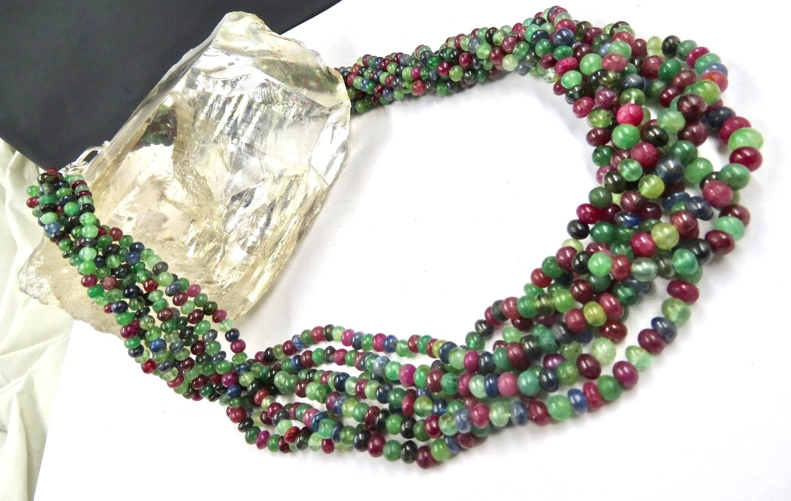 Certified Natural Emerald Ruby Sapphire Beaded Necklace 631 Ct Sterling Silver