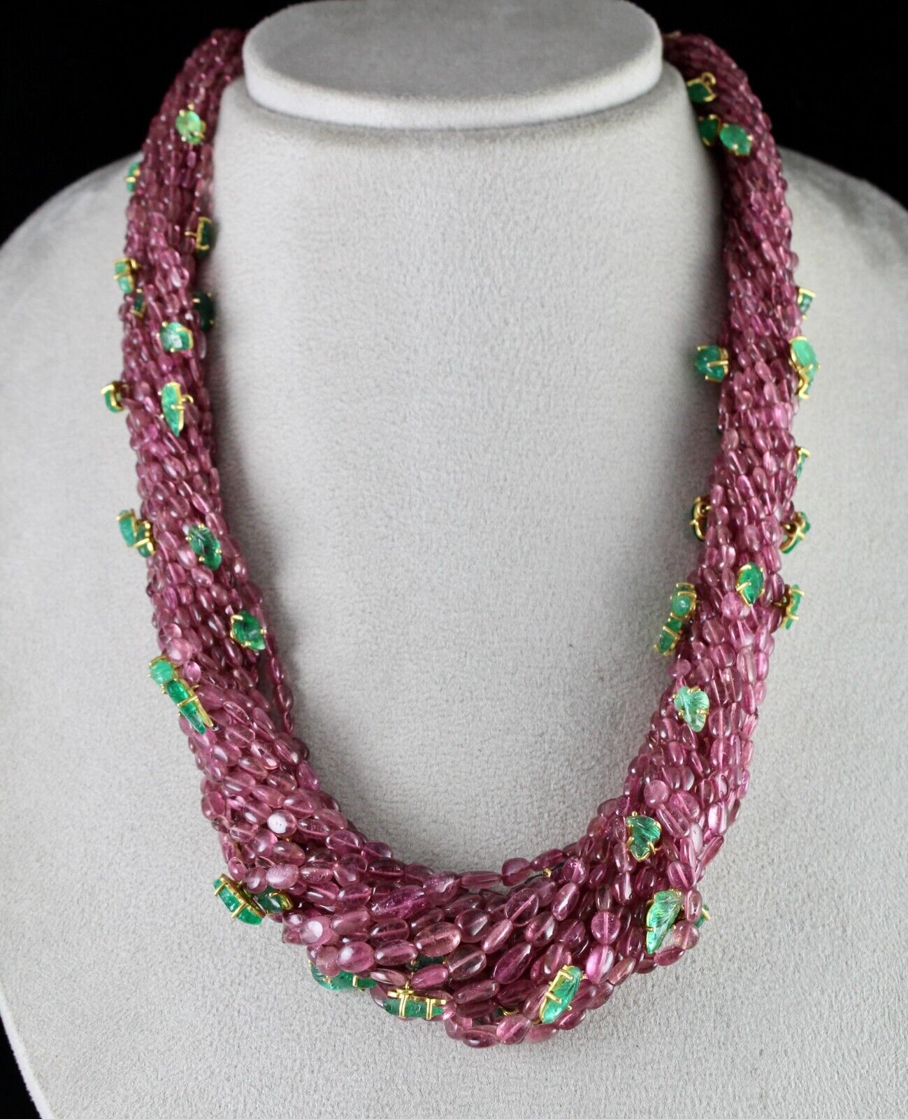 NATURAL PINK TOURMALINE BEADS EMERALD LEAVES 892 CT SILVER STATEMENT NECKLACE