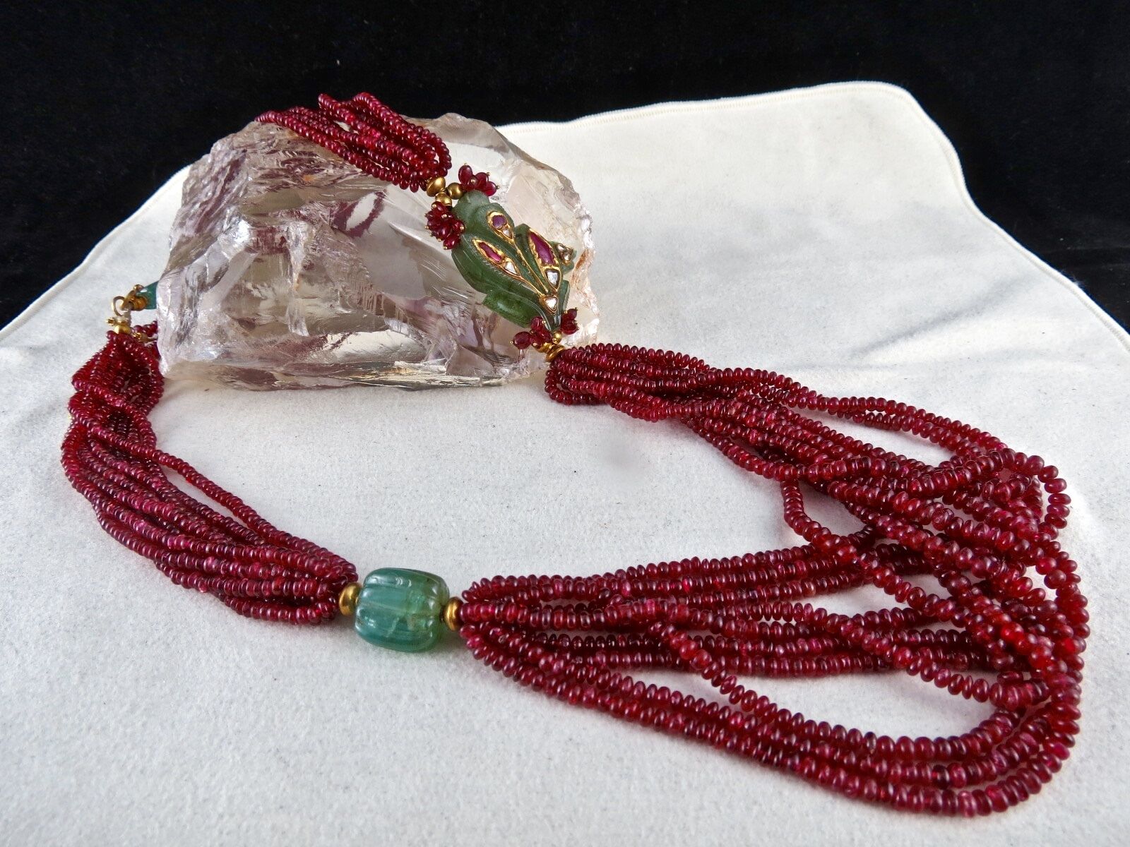 NATURAL ZAMBIAN EMERALD RUBY DIAMOND 22KGOLD JADAU SPINEL BEADS ANTIQUE NECKLACE